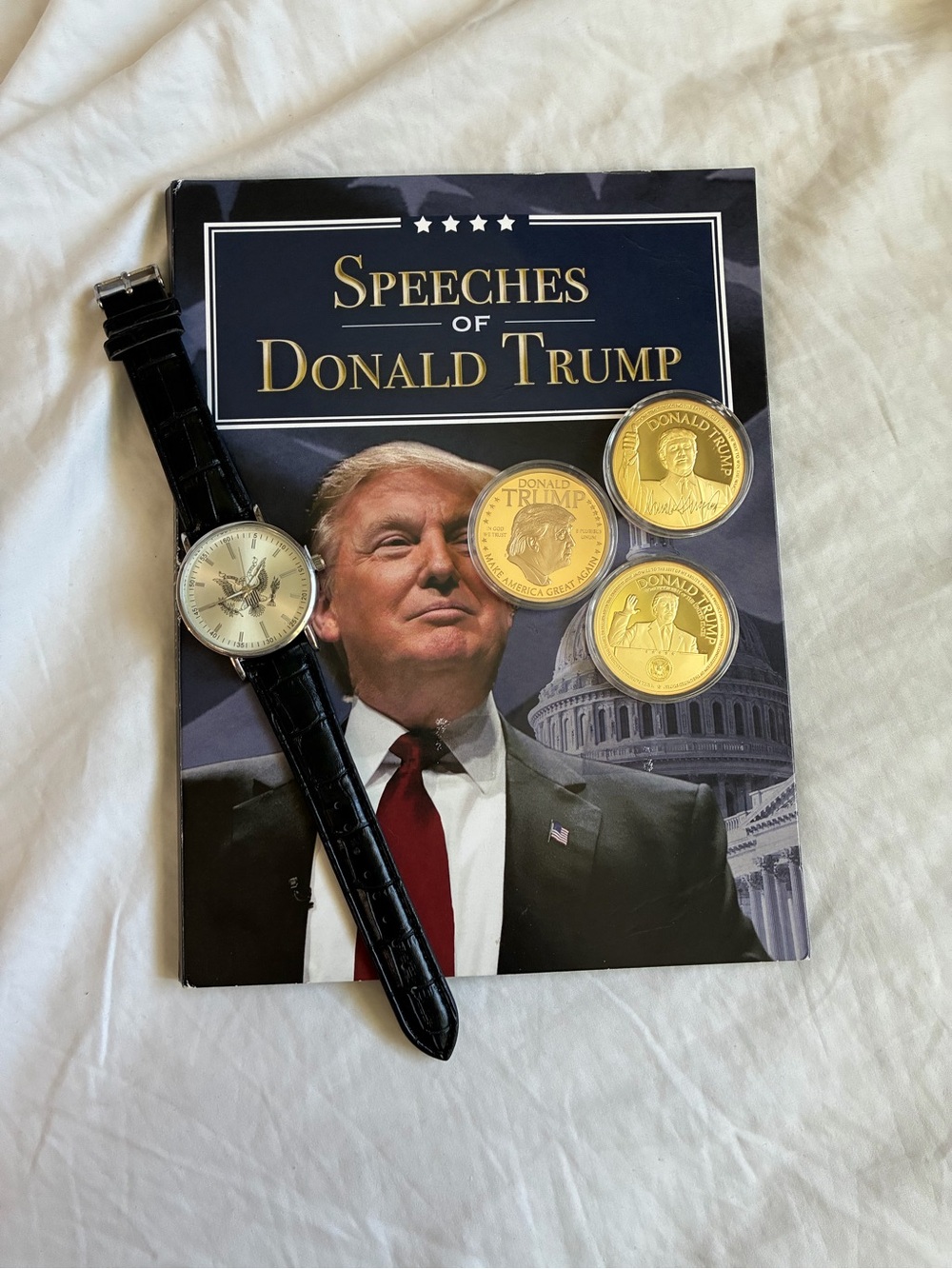 24K Gold Plated American Mint Trump Speeches 3-Coin Set & Presidential Watch